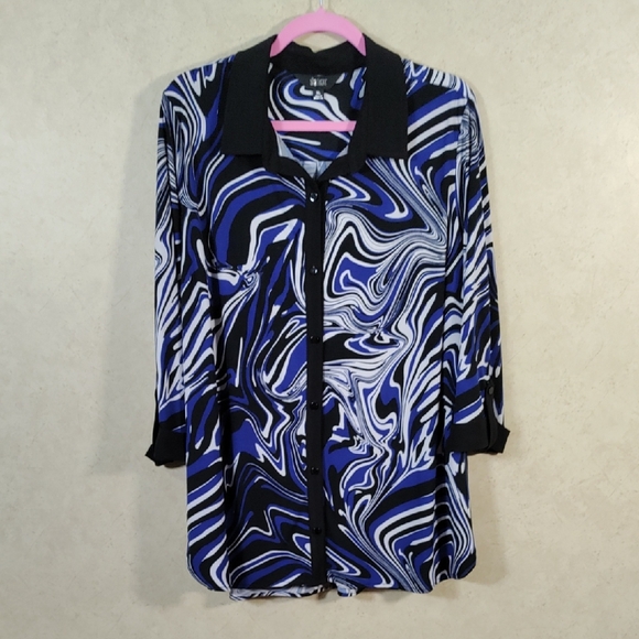 09102 Slim Factor black & blue swirl print 3/4 sleeve knit button blouse XL - Picture 1 of 10